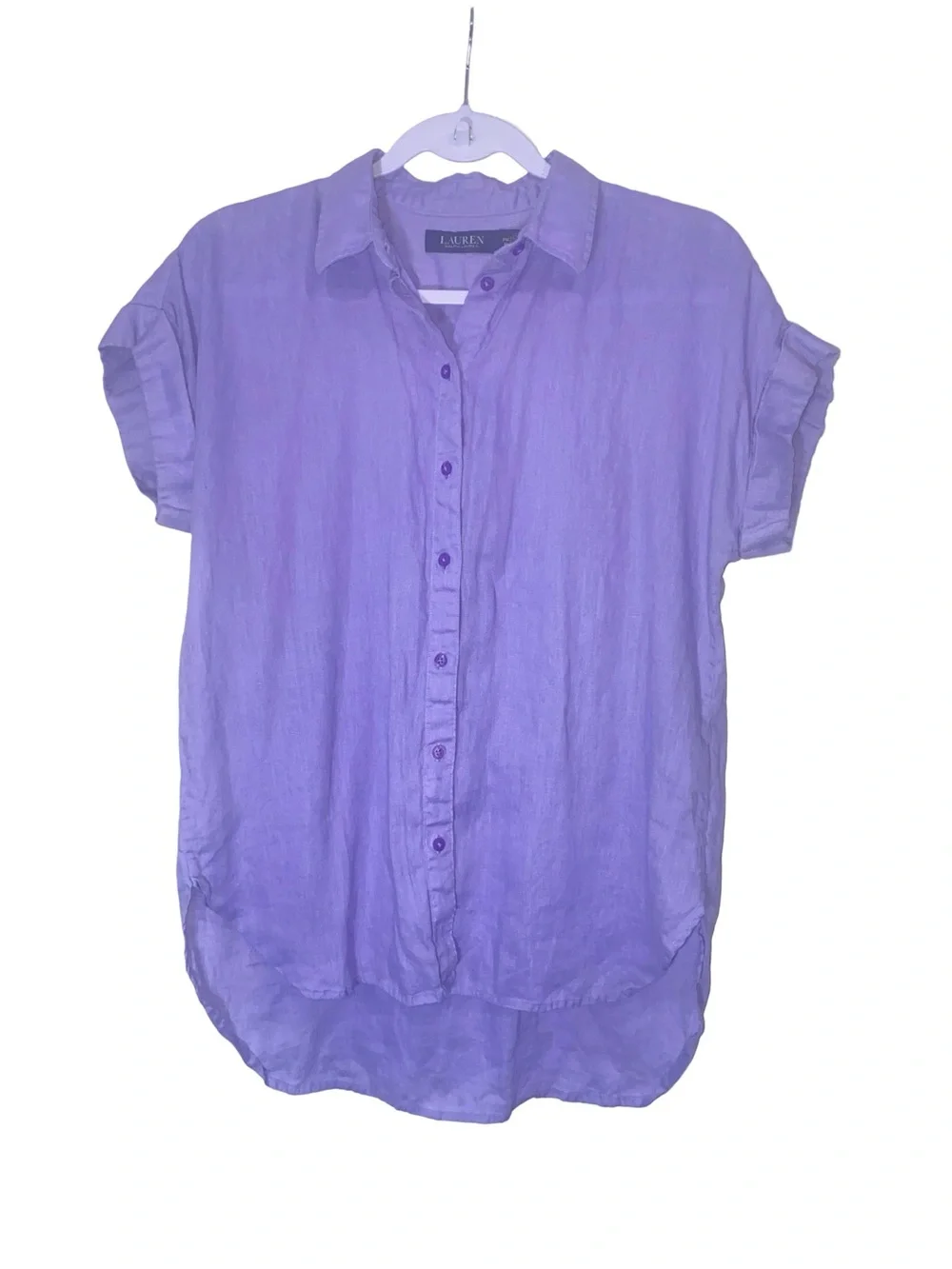 Lauren Ralph Lauren Purple Linen Short Sleeve Button Down Shirt Petite Medium - Picture 2 of 6